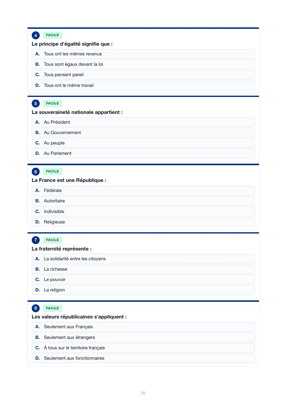 Page de questions QCM du guide, sans les réponses