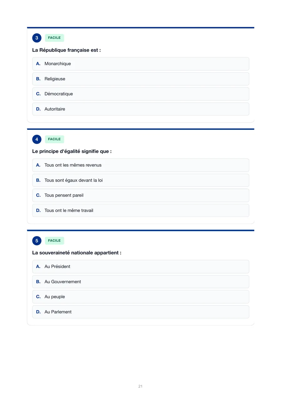 Page de questions QCM du guide, sans les réponses